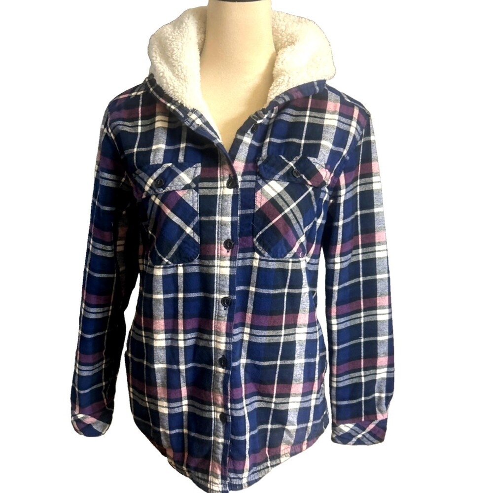 Boston Traders Flannel Jacket Womens S Sherpa Lined Blue Pink Plaid Cozy Winter